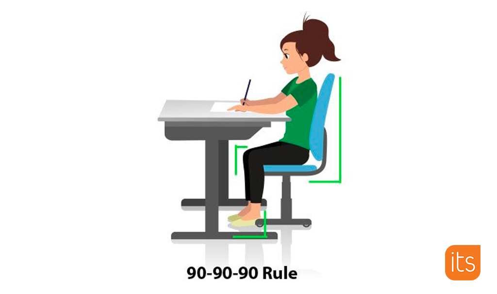 Illustration som visar ett barn som sitter vid ett skrivbord med god hållning.